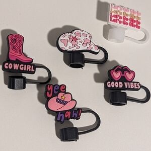 Set Of 5 Black, Pink & White Cowgirl Themed Silicone Straw Toppers New!